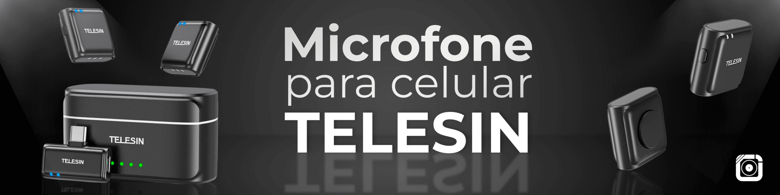Banner publicitário de fundo preto com microfones de lapela sem fio Telesin flutuando. O texto central diz 'Microfone para celular TELESIN' com efeito de reflexo.